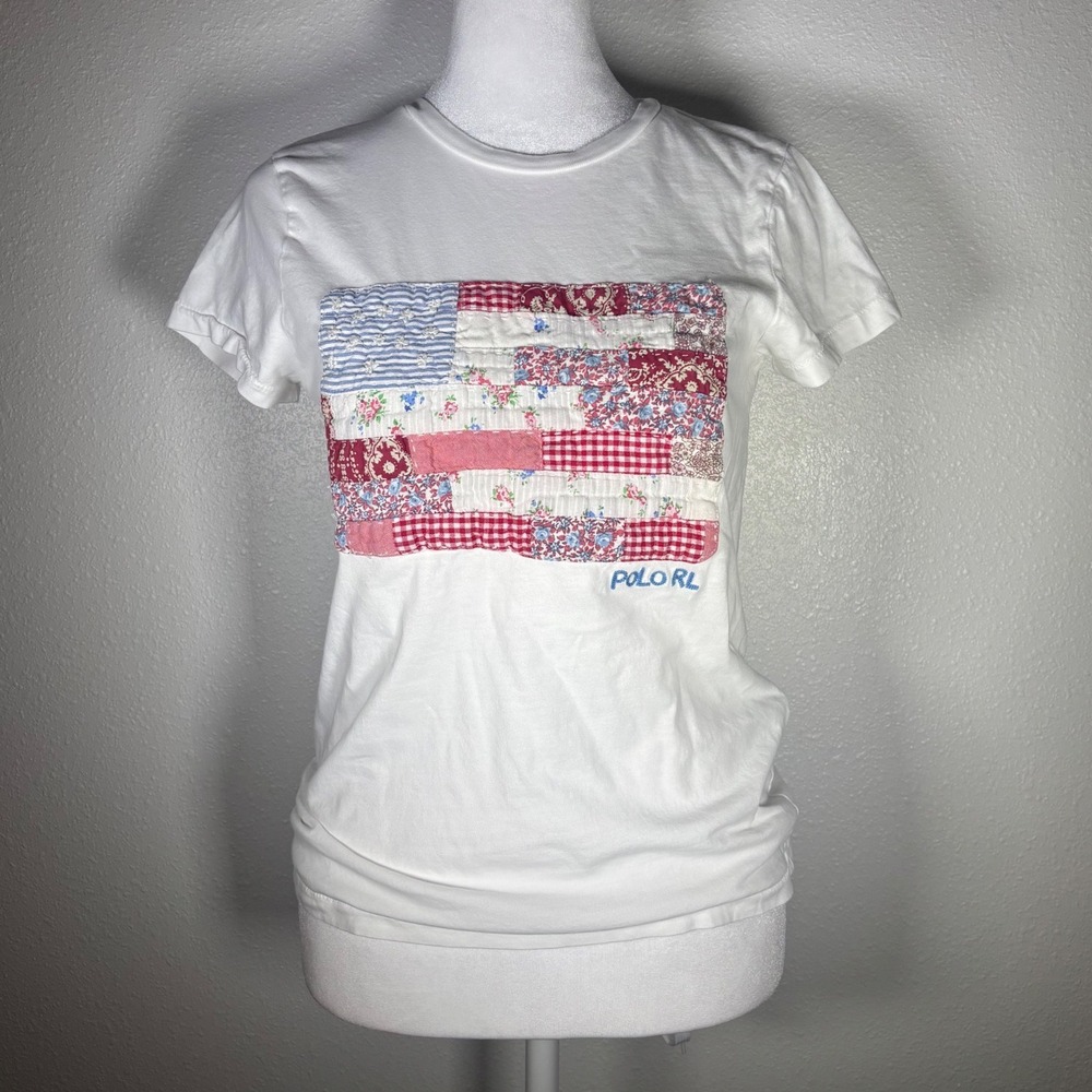 Rare quilted Polo Ralph Lauren White American Flag Patch T-Shirt Womens XS